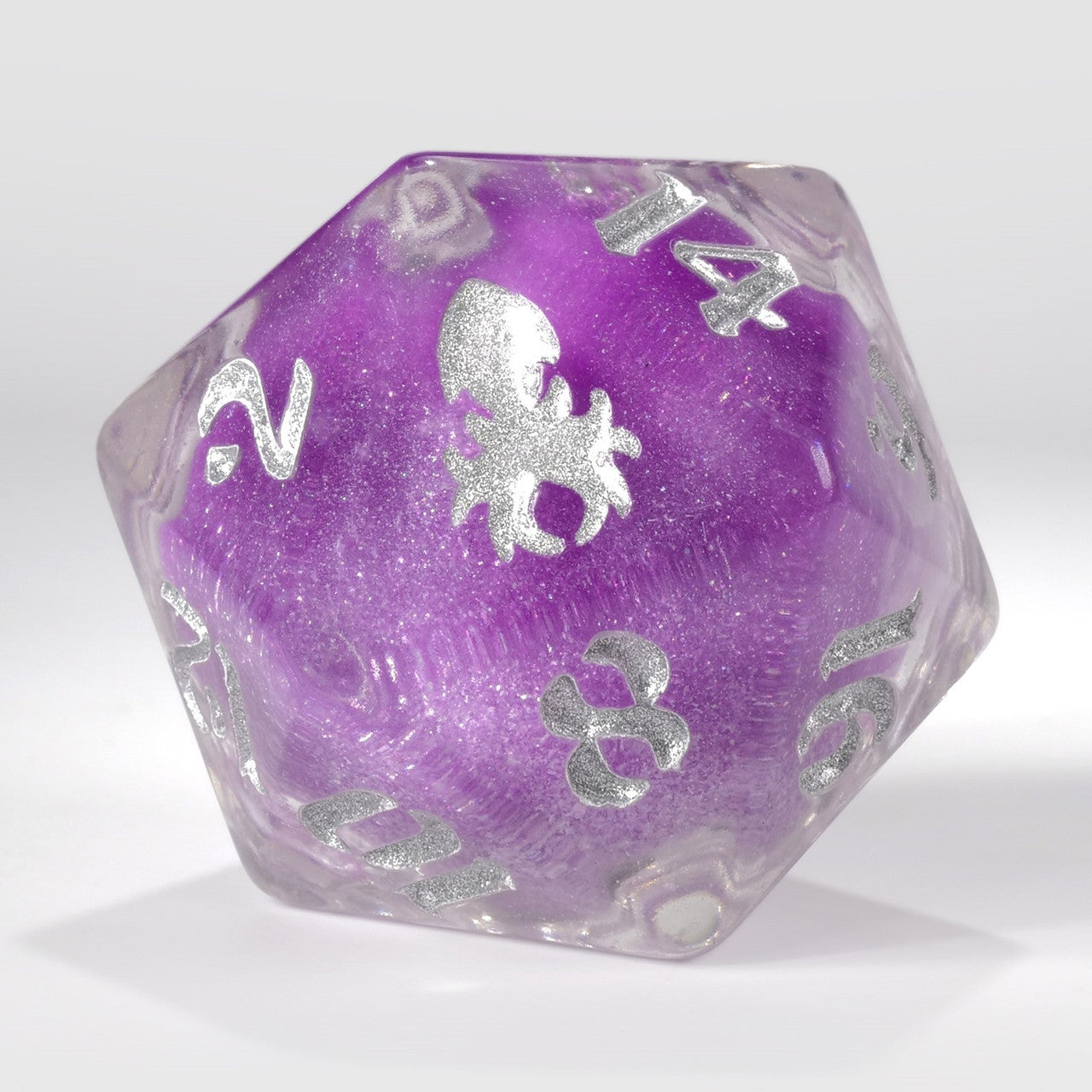34mm Clear Liquid Core Purple Glitter Single D20 with Silver Ink